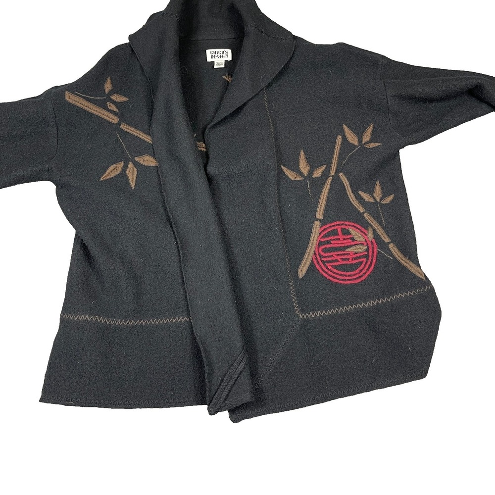 Vintage Chicos Design Wool Cardigan Size 2 M/L Black Oriental‎ Bamboo Plant